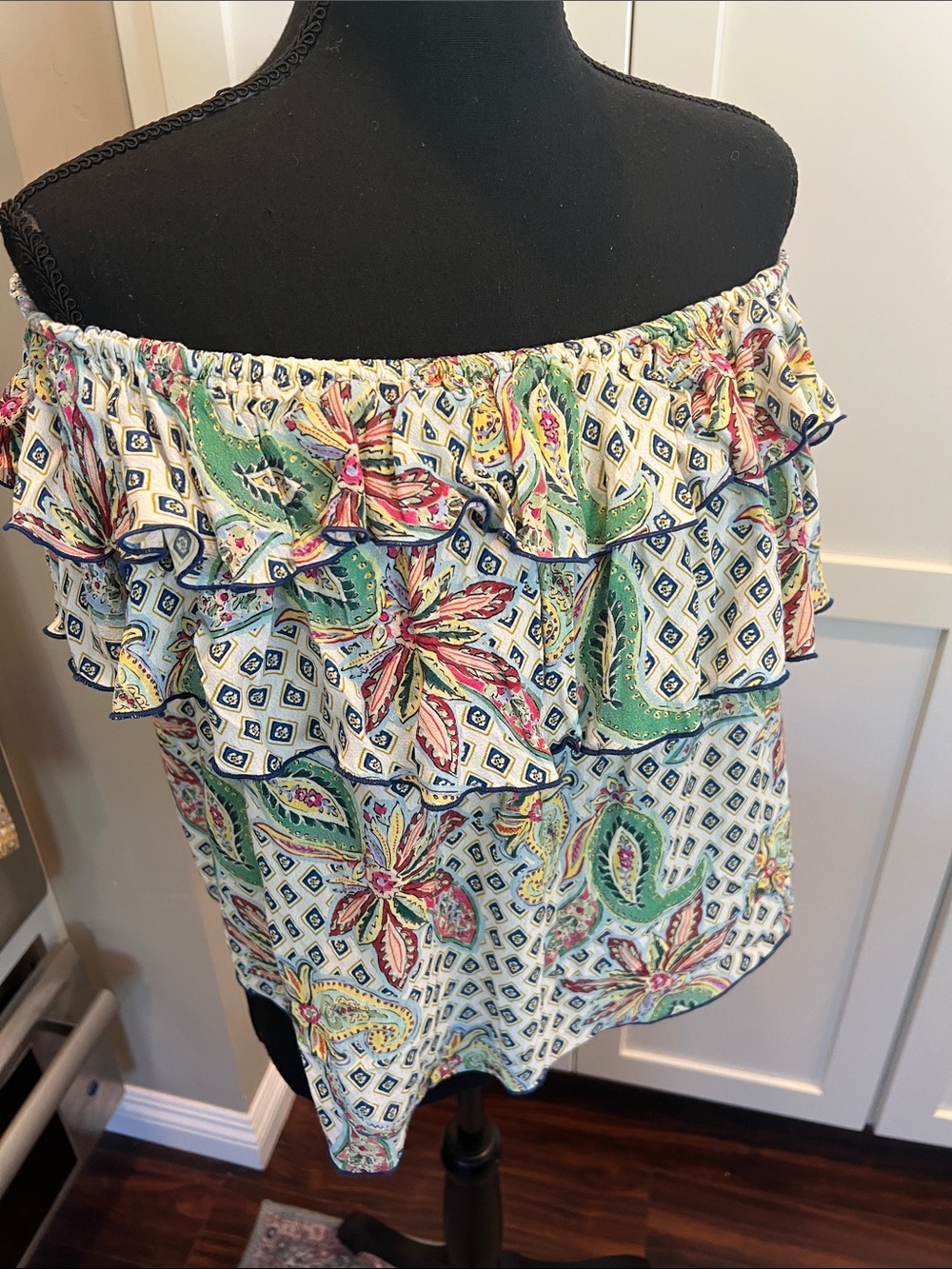 Zara Floral Paisley Ruffle Off-The-Shoulder Boho Blouse - Size Medium - Picture 7 of 8